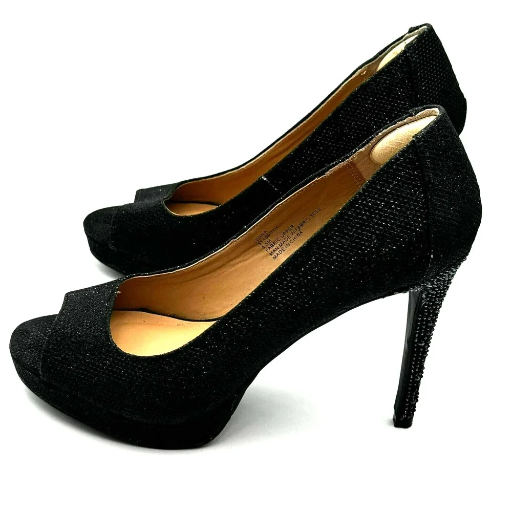 THALIA‎ SODI Women's 8.5 Lenna Black Beaded High Heels Pumps Peep Toe Vegan Glam